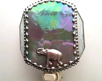 Stained Glass Nightlight|Elephant with Raised Trunk|Elephant|Gray Iridescent|Lighting|Night Lights|Handcrafted|Made in USA