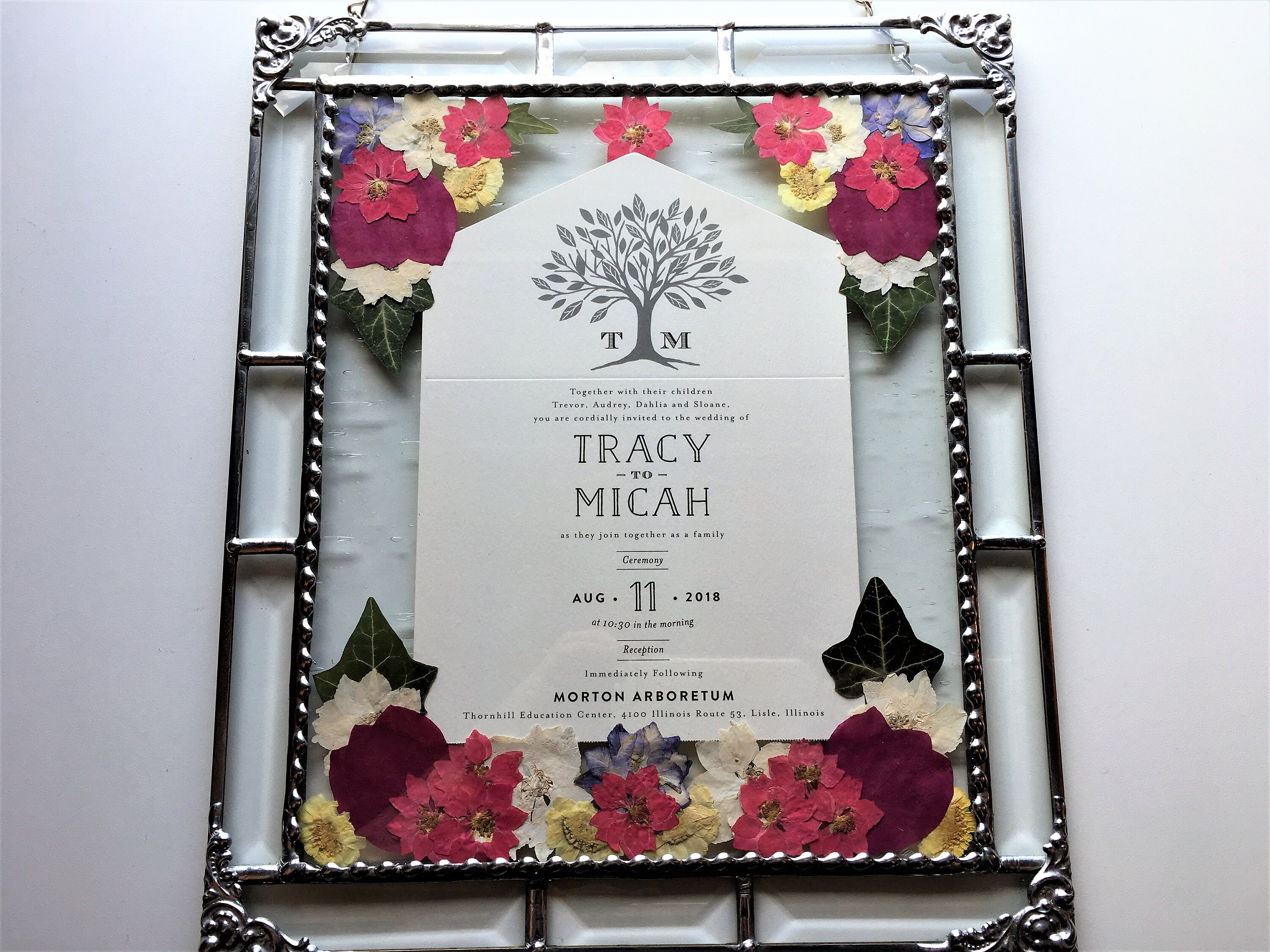 Stained Glass Custom Framed Wedding Invitation With Pressed Flowers, Wedding Keepsake, Shower Gift, OOAK, Handcrafted, Made in USA