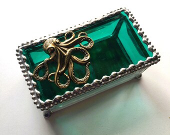 Stained Glass Jewelry Box|Stained Glass|Golden Octopus|Beach|Ocean|Aqua Glass|Jewelry Storage|Handcrafted|Made in USA
