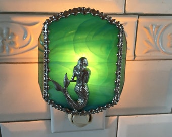Stained Glass Mermaid Nightlight|Teal and Aqua|Mermaid|Home & Living|Lighting|Night Lights|Handcrafted|Made in USA