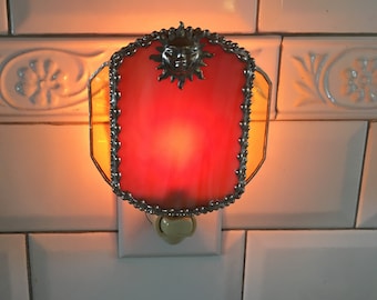 Stained Glass Sunburst Nightlight, Celestial Gift, Home Decor, Sun Night Light, Orange and Gold, Handcrafted, Made in USA