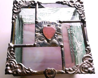 Stained Glass Jewelry Box With Rose Quartz Heart|Gift of Love|Glass Art Box|Jewelry|Jewelry Storage|Handcrafted|Made in USA