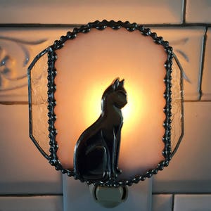 Stained Glass Cat Nightlight|Kitty Cat Nightlight|White Glass|Cat Lover Gift|Handcrafted by Anne Malone|Made in America