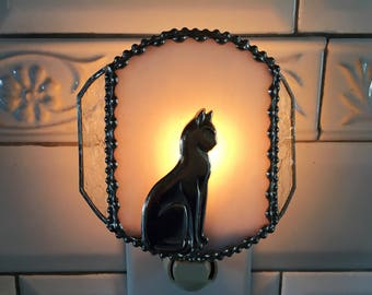 Stained Glass Cat Nightlight, Kitty Cat Nightlight, White Glass, Cat Lover Gift, Handcrafted by Anne Malone, Made in USA