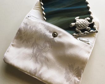 Stained Glass Sea Turtle Purse Mirror With Brocade Pouch; Deep Green Glass; Makeup Tool; Handcrafted in USA