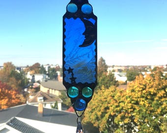 Stained Glass Moon and Stars Suncatcher; Blue Glass With Aurora Borealis Crystal; Handcrafted in USA