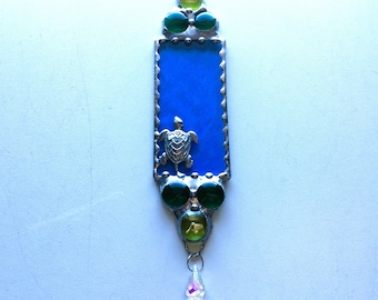 Stained Glass Suncatcher|Sea Turtle Suncatcher|Sea Turtle|Light Blue|Aurora Borealis Crystal|Handcrafted|Made in USA