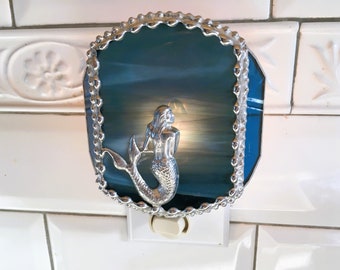 Stained Glass Mermaid Nightlight|Navy Blue|Mermaid Gift|Home & Living|Lighting|Night Lights|Handcrafted|Made in USA