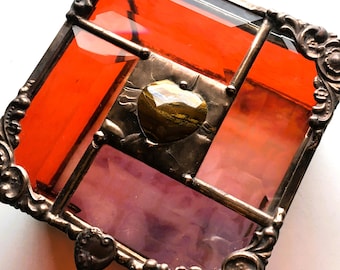 Stained Glass Jewelry Box With Ocean Jasper Heart; Beveled Clear and Red Textured Glass;  Handcrafted in USA
