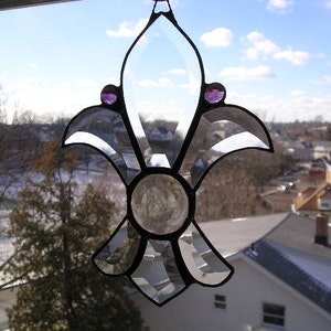 Stained Glass Fleur-de-Lis Suncatcher, Amethyst Glass Gem Accents, Handcrafted, Made in USA