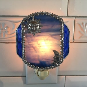 Stained Glass Nightlight|Glass Art|Sun and Moon|Celestial|Blue|Home and Living|Lighting|Night Lights|Handcrafted|Made in USA