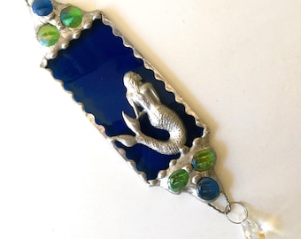 Stained Glass Mermaid Suncatcher, Blue Glass With Aurora Borealis Crystal, Glass Art, Handcrafted, Made in USA