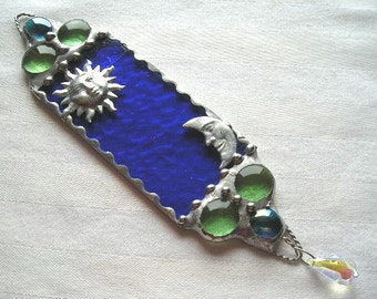 Stained Glass Sun and Moon Suncatcher, Blue Stained Glass With Aurora Borealis Crystal, Glass Art, Handcrafted in USA