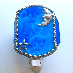 Stained Glass Celestial Nightlight, Moon and Star, Sky Blue Glass, Gift for Home, Lighting, Handcrafted in USA