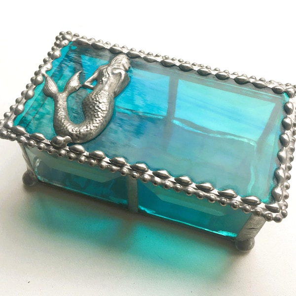 Stained Glass Mermaid Ring or Jewelry Box; Clear Aqua Art Glass; Handcrafted in USA