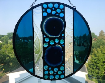 Round Stained Glass With Agate, Shades of Blue, Blue Agate Slices With Druzies, Abstract, Modern, OOAK, Handcrafted, Made in USA