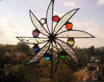 Stained Glass Suncatcher|Rainbow Pinwheel Design|Rainbow Gems|Iridescent Glass|Glass Art|Handcrafted|Made in USA