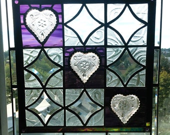 Stained Glass Tic Tac Toe Heart Panel, Vintage Tiara Dishes, Handcrafted Decor