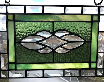 Stained Glass Art Panel|Cheerful and Sparkling Stained Glass|Green Two Tone and Beveled Glass|Glass Art|Handcrafted|Made in America