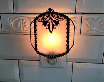 Stained Glass Nightlight; White With Filigree; Night Lights; Handcrafted in America
