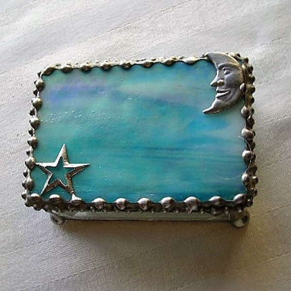 Stained Glass|Stained Glass Jewelry Box|Trinket Box|Moon and Star|Turquoise|Jewelry|Jewelry Storage|Glass Art|Handcrafted|Made in USA