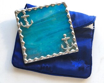 Stained Glass Anchor Purse Mirror With Brocade Pouch; Aqua Stained Glass; Handcrafted in USA