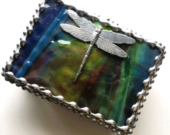 Stained Glass Dragonfly Jewelry or Trinket Box|Multi-Colored Art Glass|All Occasion Gift|Jewelry Storage|Handcrafted|Made in USA