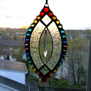 Stained Glass Rainbow Suncatcher|Gift for the Home|Cheerful Rainbow Stained Glass and Gems|Sparkly Crystal Dangle|Handcrafted|Made in USA