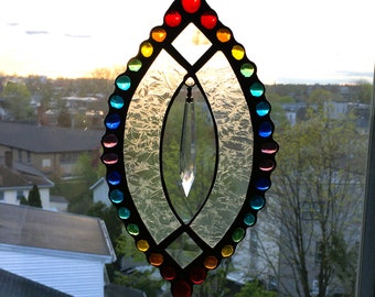 Stained Glass Rainbow Suncatcher|Gift for the Home|Cheerful Rainbow Stained Glass and Gems|Sparkly Crystal Dangle|Handcrafted|Made in USA