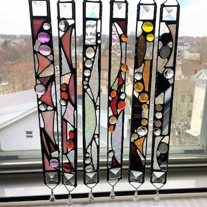 Stained Glass Rainbow Art Suncatcher|Gift for Home|Abstract Suncatcher with Crystals|OOAK|Glass Art|Handmade by Anne Malone in USA