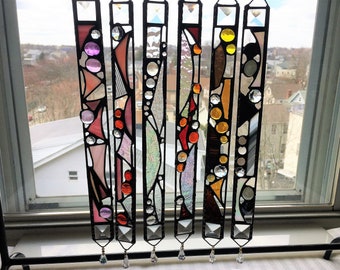 Stained Glass Rainbow Art Suncatcher|Gift for Home|Abstract Suncatcher with Crystals|OOAK|Glass Art|Handmade by Anne Malone in USA