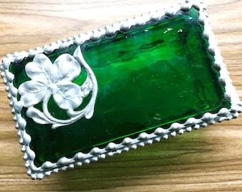 Stained Glass Four Leaf Clover Jewelry or Trinket Box; Green Good Luck Symbol; Handcrafted in USA