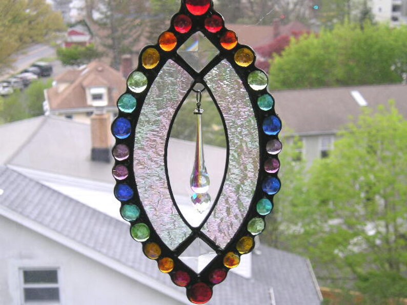 Stained Glass Rainbow SuncatcherGift for the HomeCheerful Rainbow Stained Glass and GemsSparkly Crystal DangleHandcraftedMade in USA Bild 9