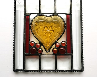 Stained Glass Heart Panel; Vintage Tiara Plate; Gold Clear Red Glass Art; Handcrafted in USA