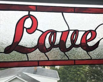 Stained Glass Love Panel|Wedding Gift|Red and Clear|Window Panel or Wall Hanging|Art & Collectibles|Glass Art|Handcrafted|Made in USA