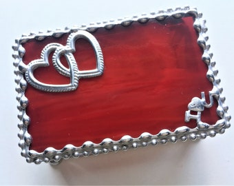 Stained Glass Jewelry Box|I Love You Box|Heart Box|Red Stained Glass|Jewelry|Jewelry Storage|Entwined Hearts|Handcrafted|Made in USA
