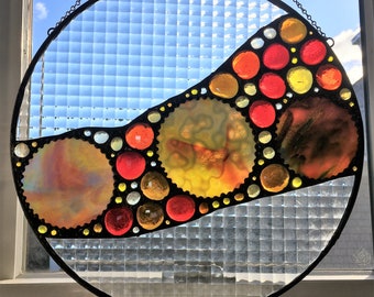 Stained Glass Art Panel|Round Glass Panel|Warm Colors|Abstract Stained Glass|Modern|Glass Art|OOAK|Handcrafted|Made in USA