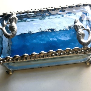 Stained Glass Box|Twin Mermaid Trinket Box|Ocean Blue Glass|Jewelry Storage|Mermaid Design|Handcrafted|Made in USA