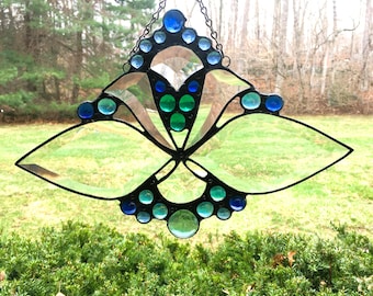 Beveled Glass Suncatcher; Green and Blue Glass Gems; OOAK Glass Art; Handcrafted in USA