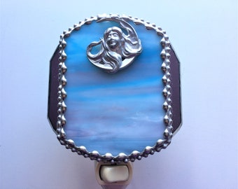 Stained Glass Moon Lady Nightlight, Glass Art, Celestial Theme, Blue and Plum Glass, Handcrafted, Made in USA