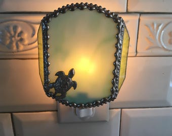 Stained Glass Sea Turtle Nightlight; Tortoise or Terrapin on Green Glass; Handcrafted in USA