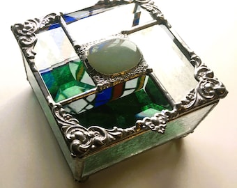 Stained Glass Jewelry Box With Jade|Green, Clear and Silver|Good Fortune|Beveled Glass|Jewelry|Jewelry Storage|OOAK|Handcrafted|Made in USA