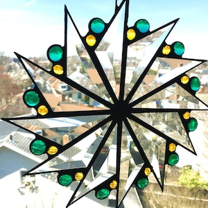 Stained Glass Pinwheel Suncatcher, Clear with Green and Yellow Glass Gems, Glass Art, Home Decor, Handcrafted, Made in USA