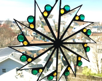 Stained Glass Pinwheel Suncatcher, Clear with Green and Yellow Glass Gems, Handcrafted in USA