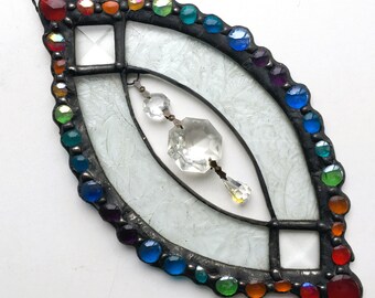 Stained Glass Rainbow Suncatcher; Clear Textured Glass With Gems and Crystals; Handcrafted in USA