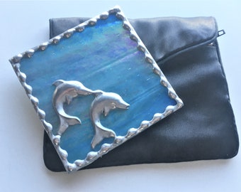 Stained Glass Purse Mirror|Pocket Mirror|Dolphins|Turquoise Iridescent Stained Glass|Brocade Pouch|Bath and Beauty|Handcrafted|Made in USA