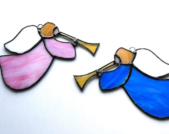 Angel Suncatcher Gift|Pair of Stained Glass Angels With Trumpets|Blue and Pink|Handcrafted|Made in USA