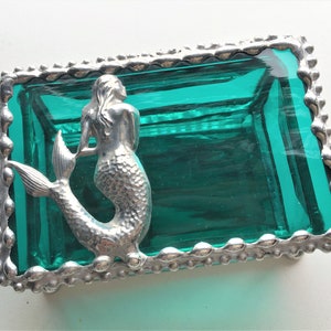 Stained Glass Mermaid Jewelry Box|Mermaid Gift|Small Mermaid Box|Jewelry|Ring Box|Clear Aqua Art Glass|Handcrafted|Made in USA