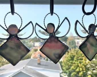 Stained Glass October Opal Angel Suncatcher; Handcrafted in USA