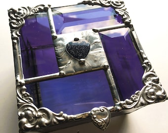 Stained Glass Jewelry Box|Purple Glass With Polished Blue Goldstone Heart and Clear Beveled Glass|OOAK|Handcrafted|Made in USA